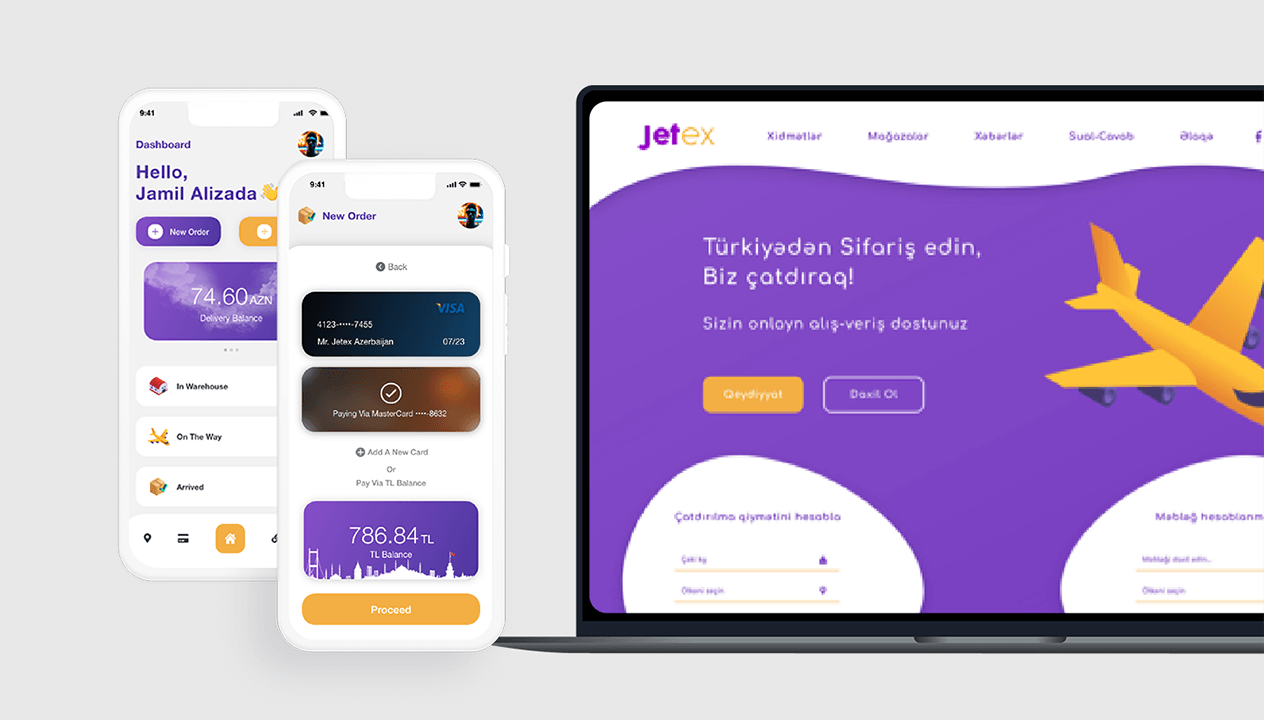 Jetex — Xaricdən alış-verişin çatdırılması — veb sayt və kartlar, balanslarla müştəri tətbiqi.